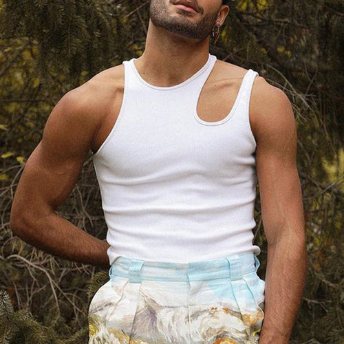 Men's body-hugging tank top with one-sided shoulder cut-out and fine ribbed texture StylebySassy