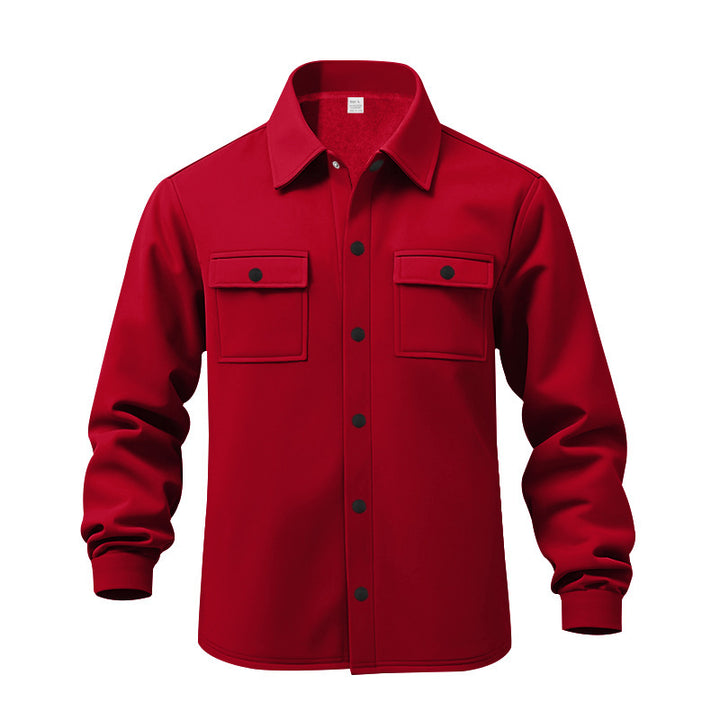 Men's unlined shirt jacket with fleece lining, patch chest pockets and snap button placket StylebySassy