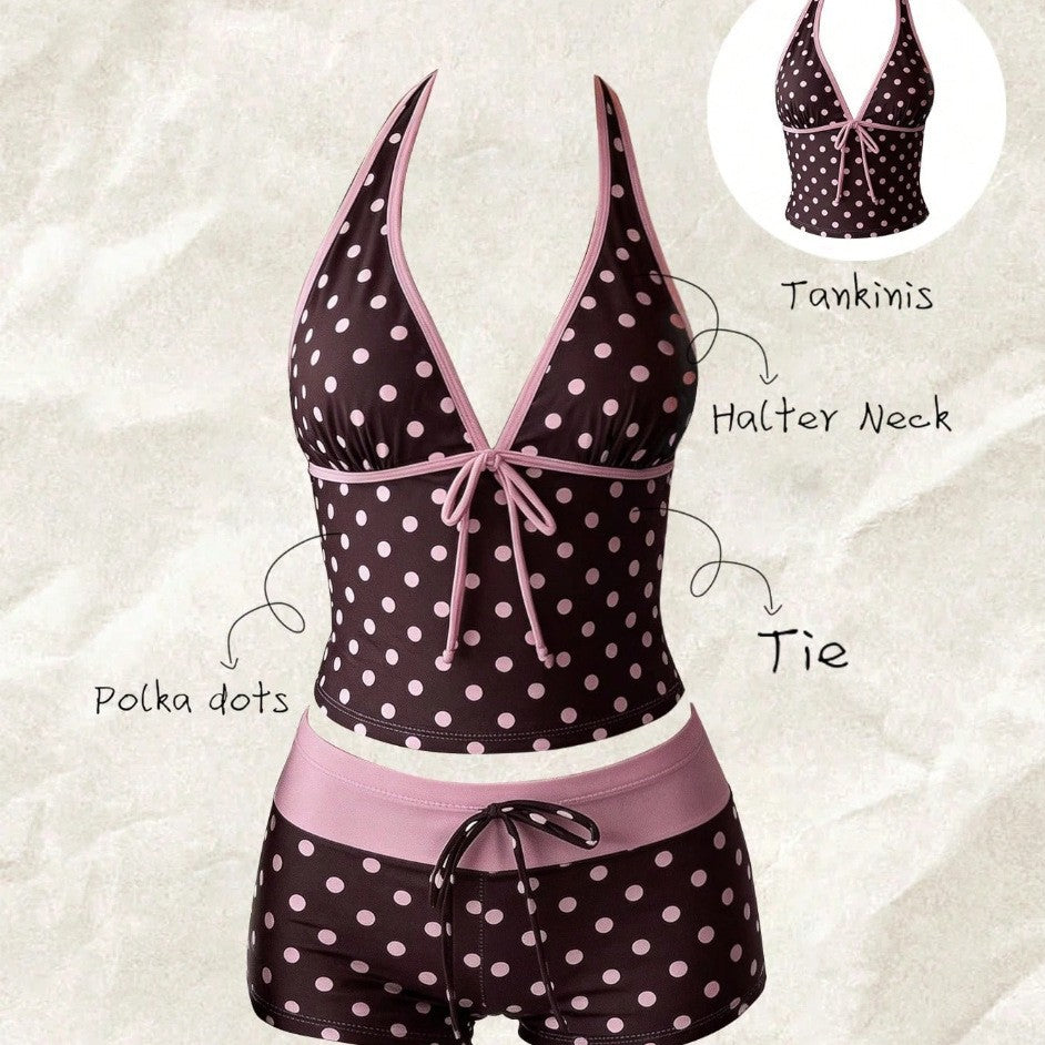 Women's tankini with fashionable polka dot pattern and adjustable halter StylebySassy
