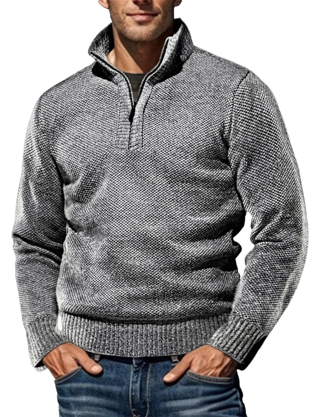 Men's coarse knitted sweater with half zipper and high stand-up collar StylebySassy