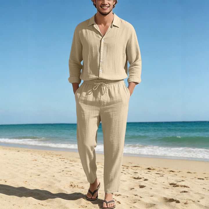 Men's relaxed linen set with open shirt collar and loose drawstring pants StylebySassy