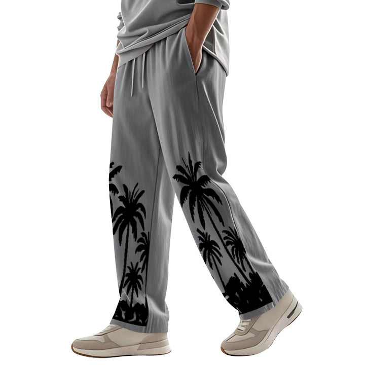 Men's wide leisure pants made of cotton-linen blend with palm print, elastic waistband and drawstring StylebySassy