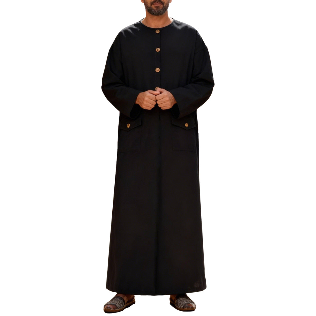 Men's long minimalist coat with round neckline, continuous button placket, and applied flap pockets StylebySassy