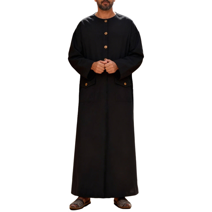 Men's long minimalist coat with round neckline, continuous button placket, and applied flap pockets StylebySassy