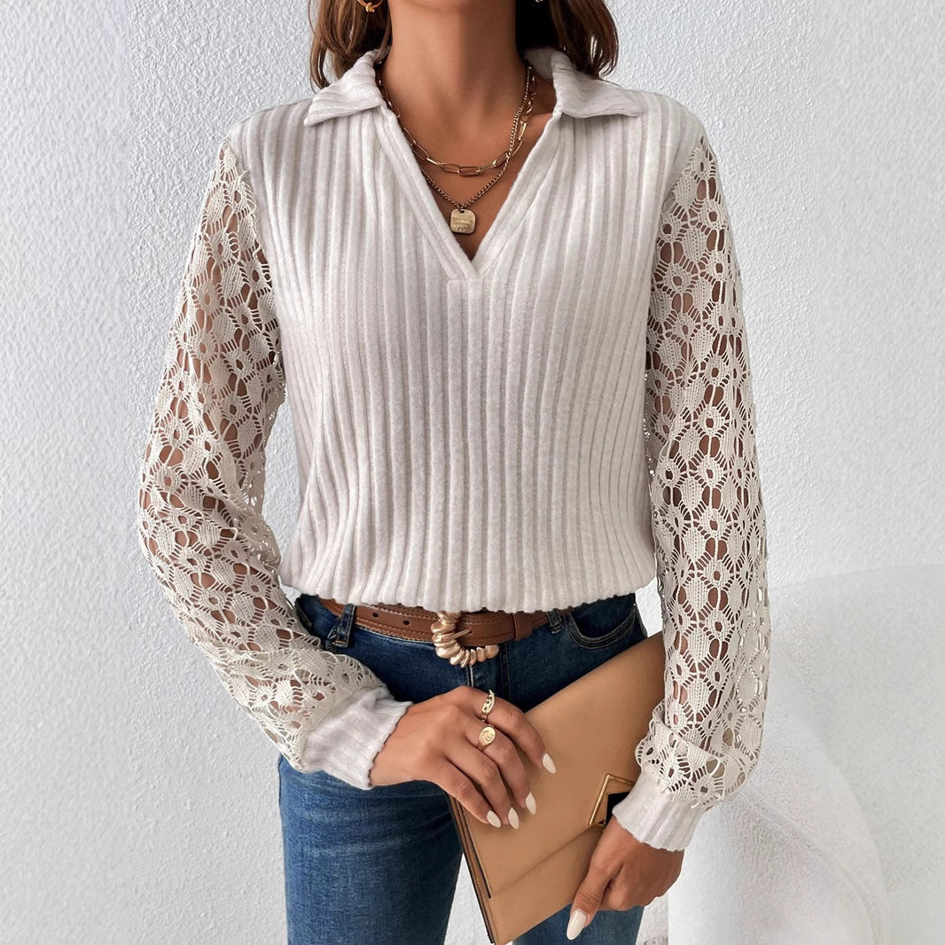 Women's ribbed fine knit polo with crochet sleeves and V-neck StylebySassy