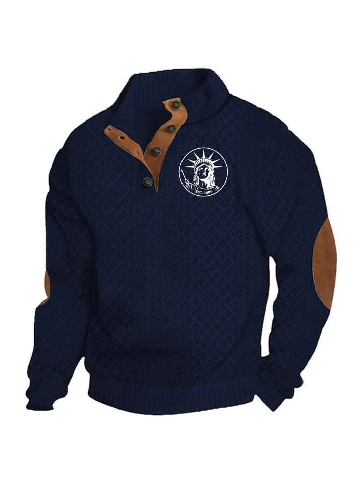 Men's nan Heritage textured pullover with stand-up collar faux leather trim elbow patches and half-button placket StylebySassy