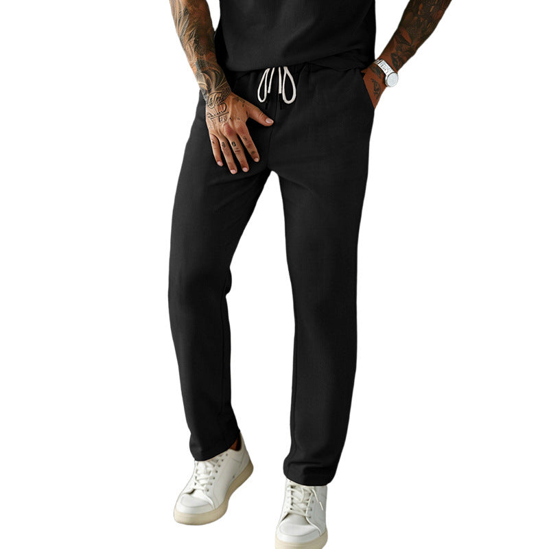 Men's narrow-cut comfort pants with elastic waistband, drawstring, and fine ribbed structure StylebySassy