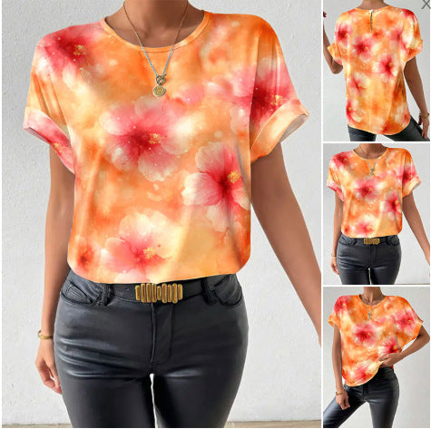Women's loose short blouse shirt in silky look with watercolor flower print and rolled-up sleeves StylebySassy