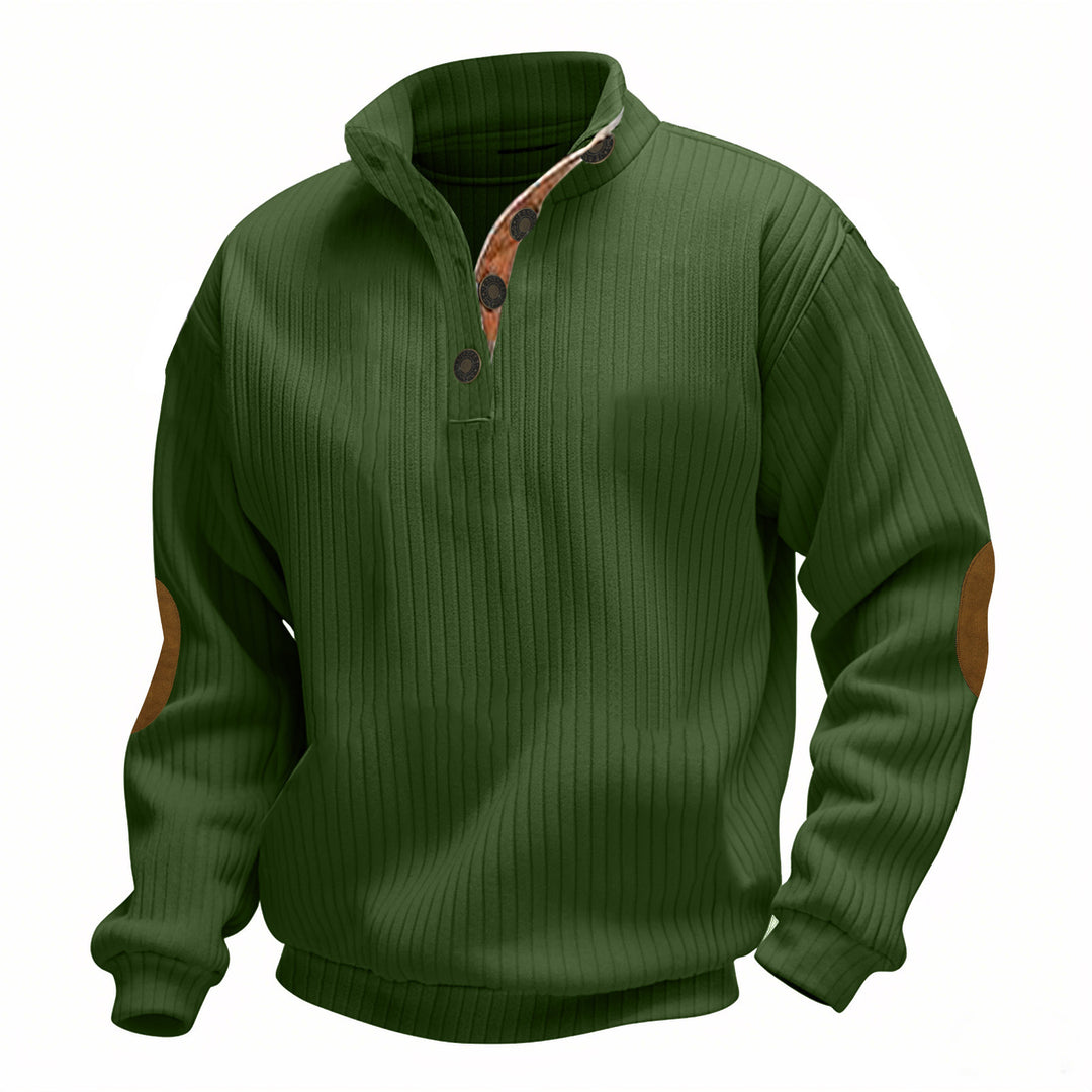Men's cable knit turtleneck with stand-up collar, half button placket, and contrasting leather applications StylebySassy
