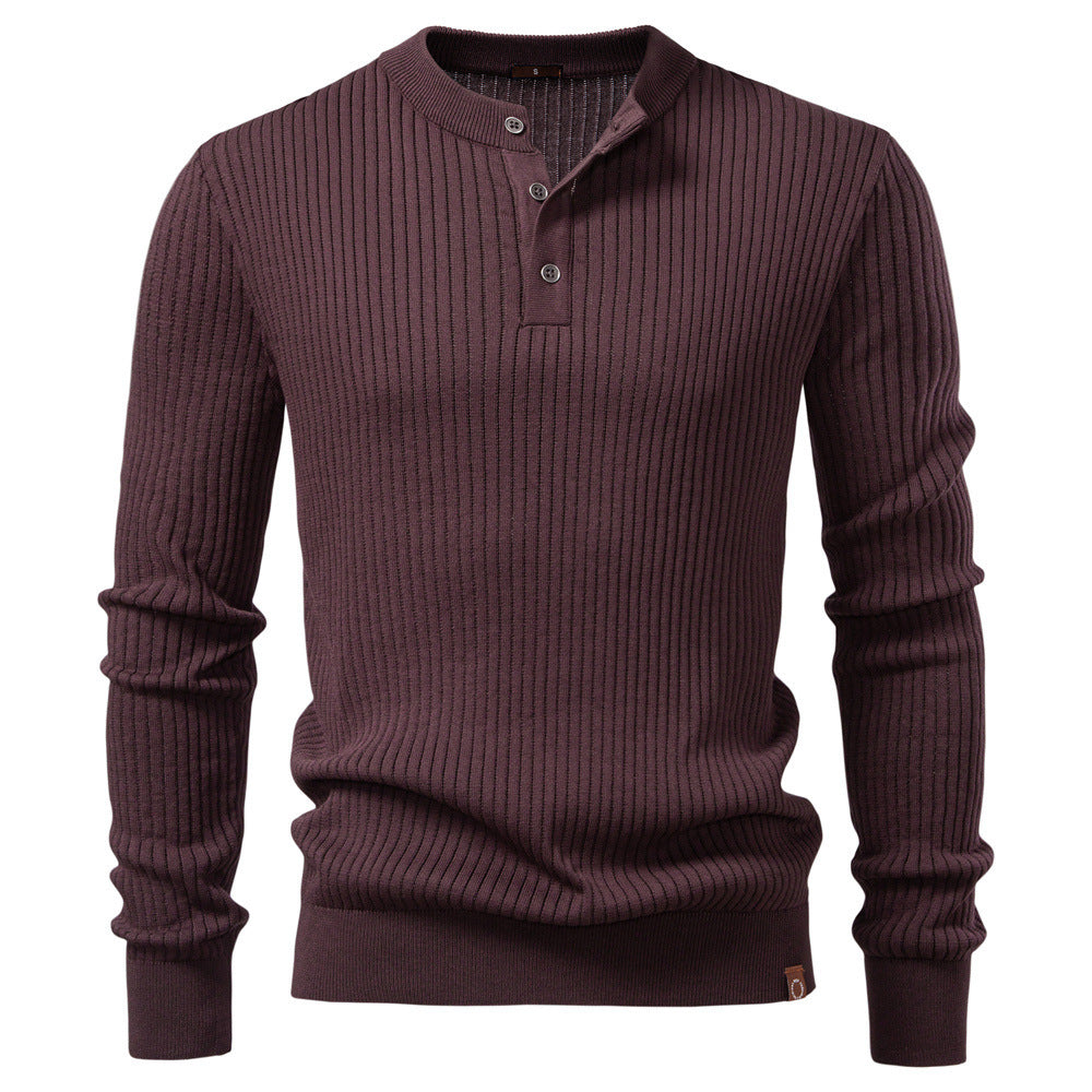 Men's ribbed long-sleeve henley pullover with stand-up collar, fine rib knit and slim fit StylebySassy