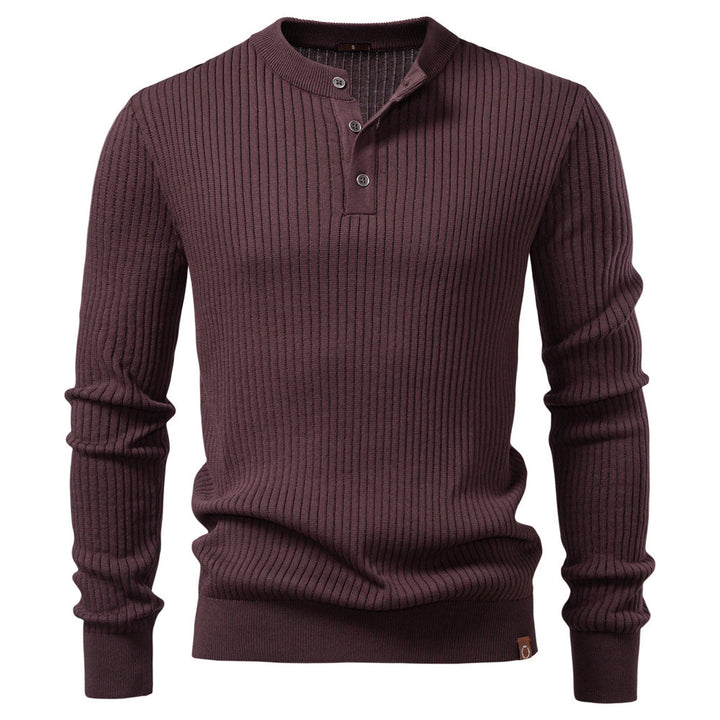 Men's ribbed long-sleeve henley pullover with stand-up collar, fine rib knit and slim fit StylebySassy