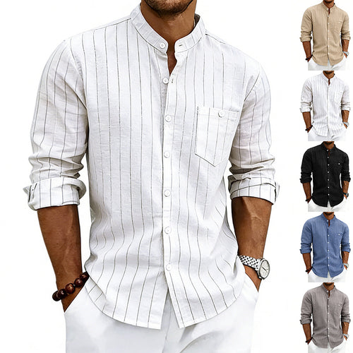 Men's breathable pinstripe long-sleeve shirt with stand collar, chest pocket, and rounded hem StylebySassy