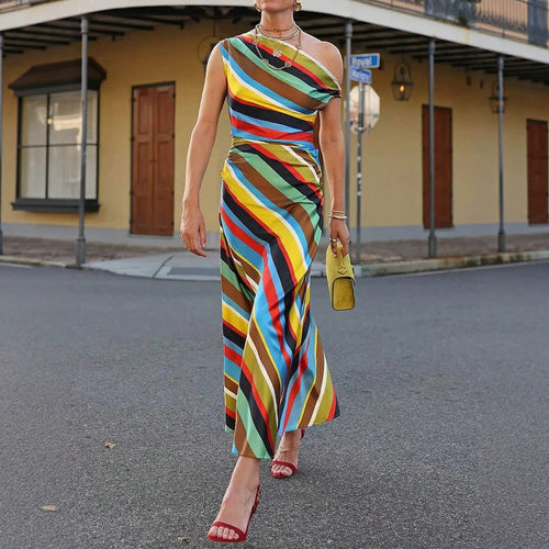 Women's asymmetrical off-shoulder maxi dress with diagonal stripe pattern and fitted silhouette StylebySassy