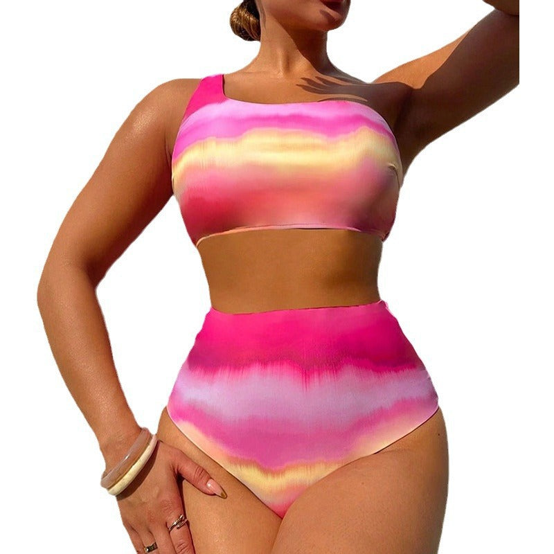Women High-Waisted Bikini Set with Asymmetrical Top and Colorful Gradient StylebySassy