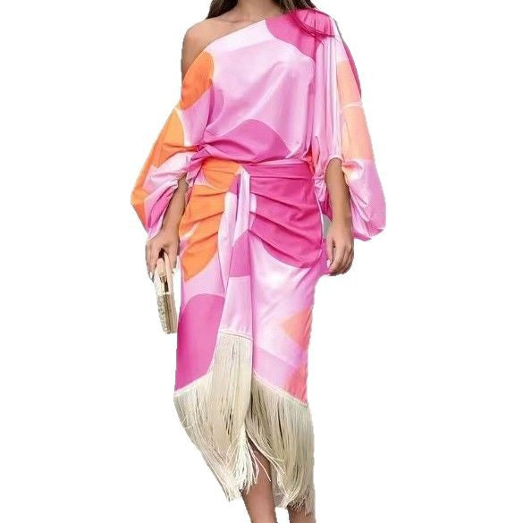 Women's nano asymmetrical draped midi dress with one-sided shoulder, voluminous sleeve cut and fringe hem StylebySassy