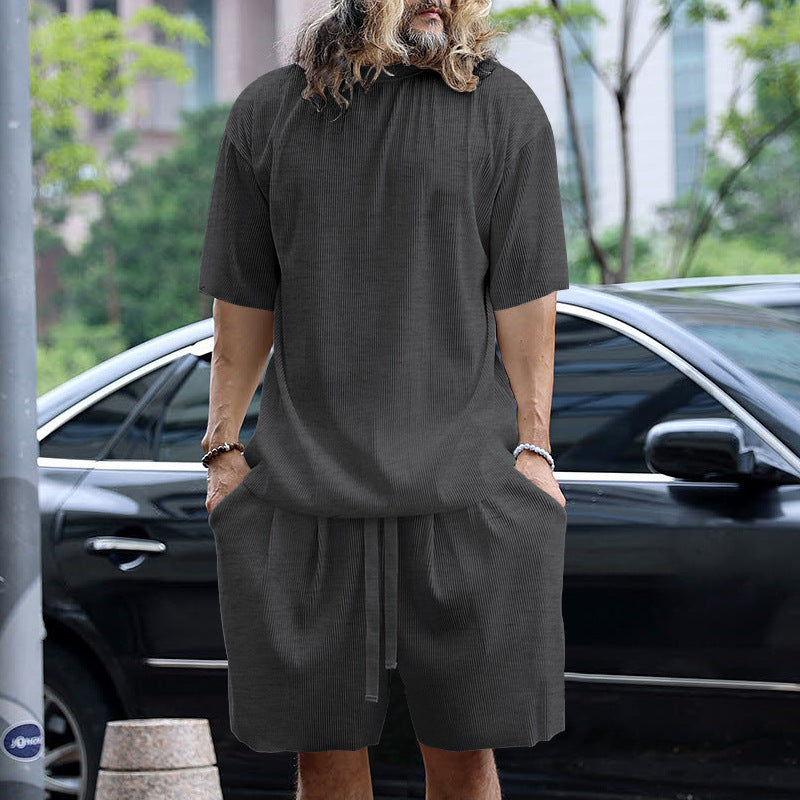 Men's modern ribbed leisure set with wide short-sleeve shirt and elastic drawstring pants StylebySassy