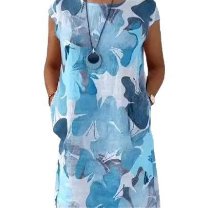 Ladies' airy tunic midi dress made of linen blend with watercolor flower print and side pockets StylebySassy