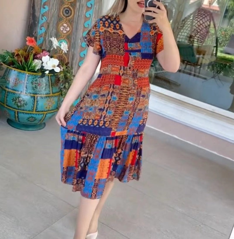 Women’s layered midi dress with V-neck, short sleeves, and patchwork look StylebySassy