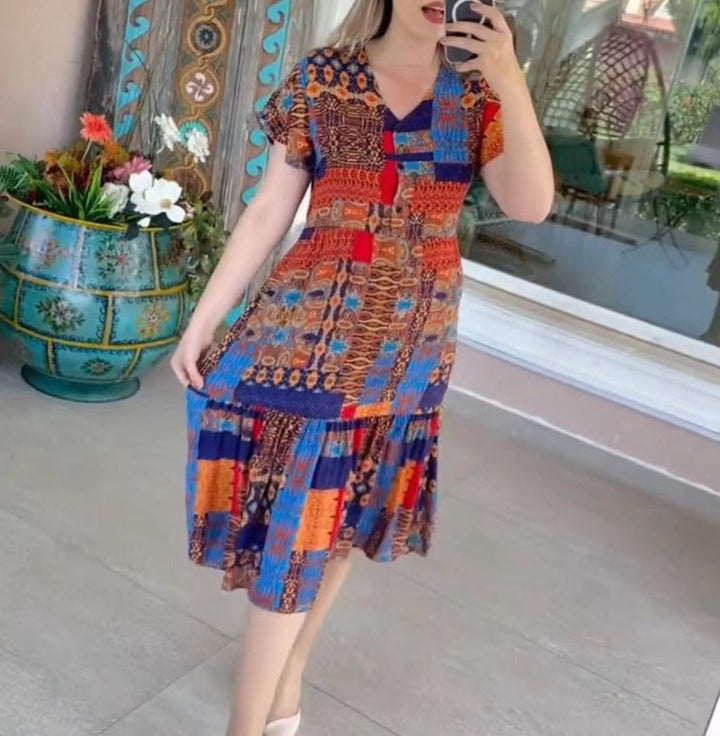 Women’s layered midi dress with V-neck, short sleeves, and patchwork look StylebySassy