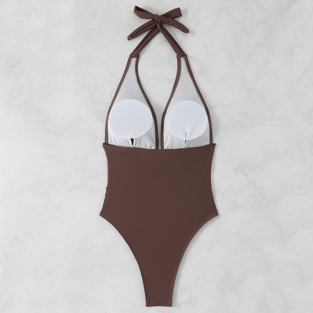 Women's high-cut swimsuit with elegant V-neckline and playful ruffle detail StylebySassy