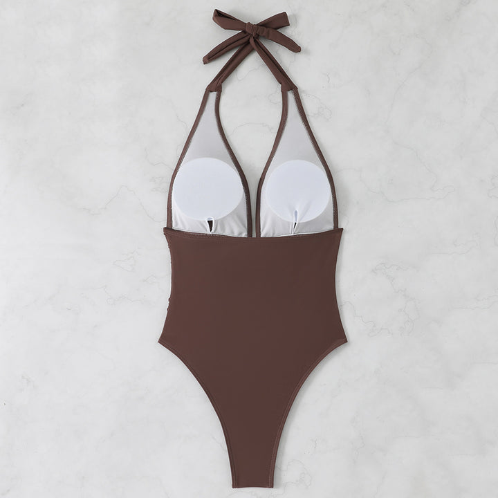 Women's high-cut swimsuit with elegant V-neckline and playful ruffle detail StylebySassy