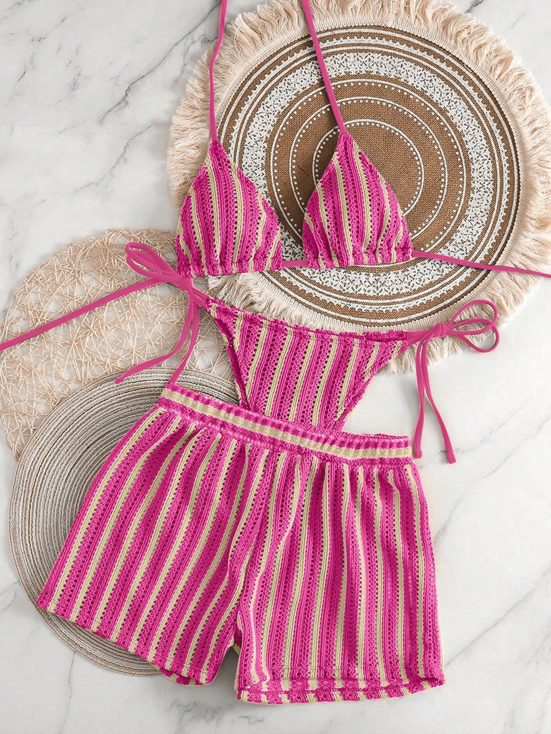 Women's bikini set with striped design and casual shorts StylebySassy