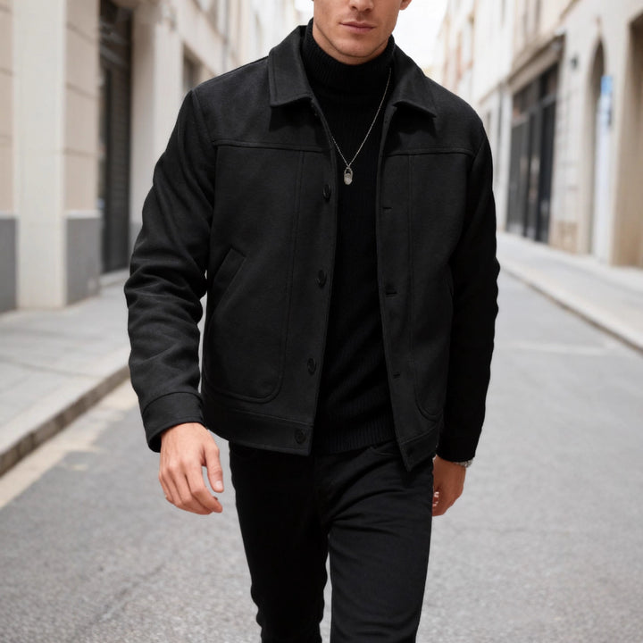 Men's modern trucker overshirt made of suede imitation with decorative stitching and patch pockets StylebySassy
