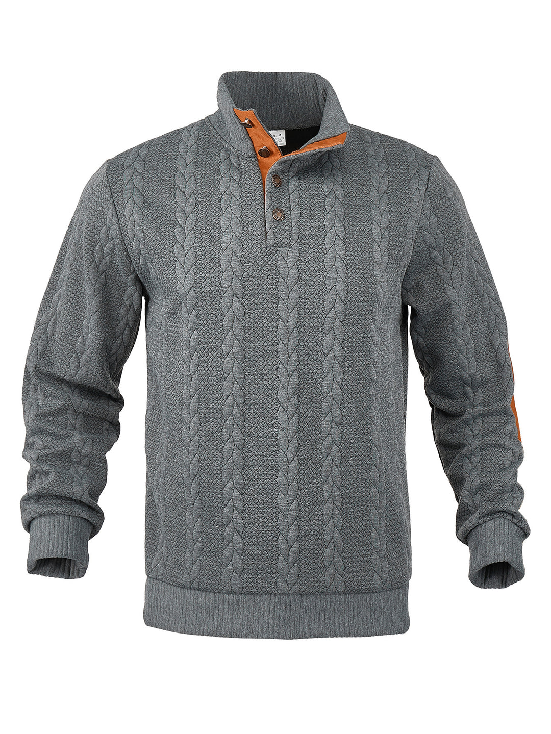 Men's Cable Knit Half Button Sweater with High Stand Collar and Suede Elbow Patches StylebySassy