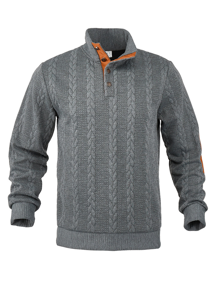 Men's Cable Knit Half Button Sweater with High Stand Collar and Suede Elbow Patches StylebySassy