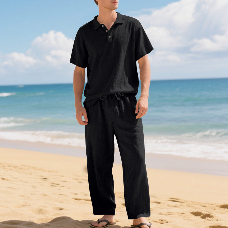 Men's airy linen ensemble with polo collar and adjustable waistband pants StylebySassy