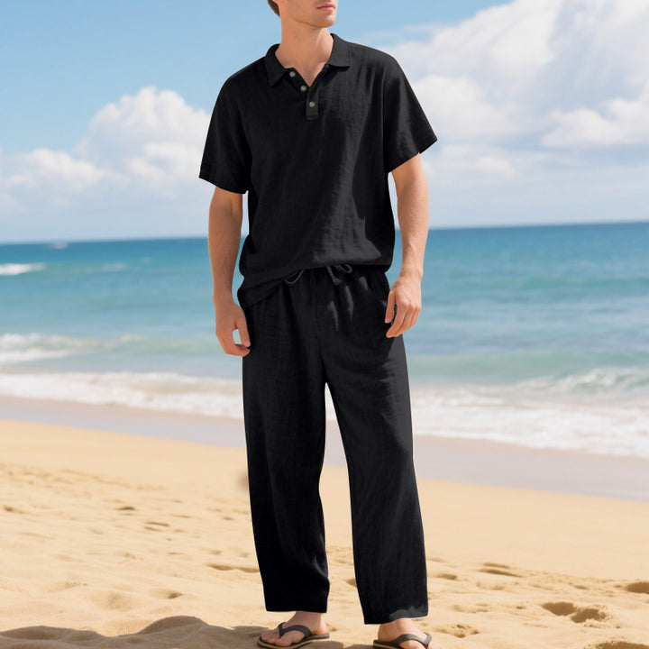Men's airy linen ensemble with polo collar and adjustable waistband pants StylebySassy