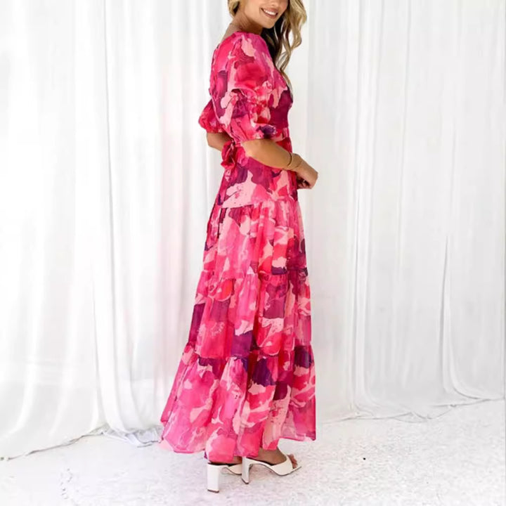 Ladies multi-layered maxi dress in ruffle tiered look with V-neck and gathered empire waist StylebySassy