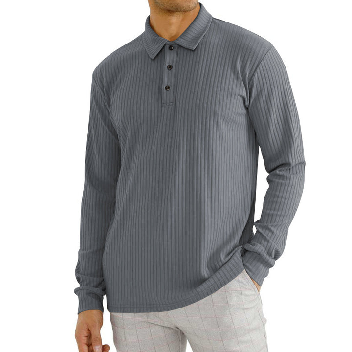 Men's nano ribbed long sleeve polo shirt with fine ribbed texture, classic collar, and elastic hem StylebySassy