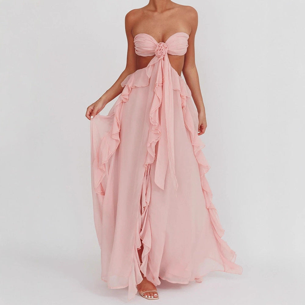 Ladies maxi dress with frills and bandeau neckline StylebySassy