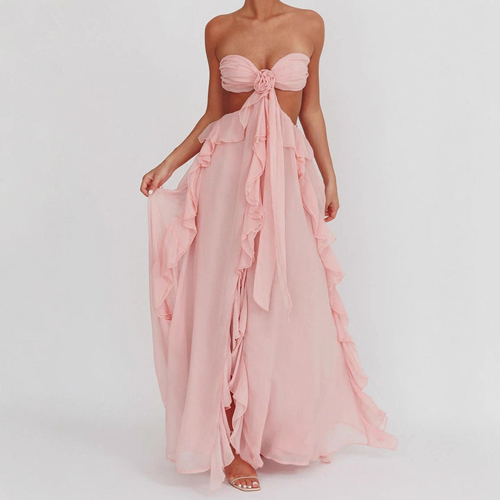 Ladies maxi dress with frills and bandeau neckline StylebySassy