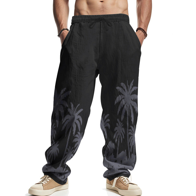 Men's wide leisure pants made of cotton-linen blend with palm print, elastic waistband and drawstring StylebySassy