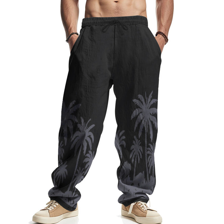 Men's wide leisure pants made of cotton-linen blend with palm print, elastic waistband and drawstring StylebySassy