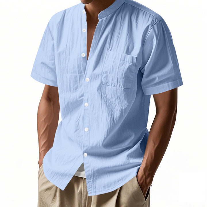Men's nan legeres short-sleeve linen blend shirt with stand-up collar, chest pocket, and continuous button placket StylebySassy