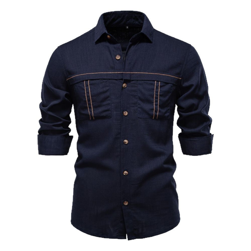 Men's Workshirt in Denim Look with Double Chest Pockets and Contrast Stitching StylebySassy