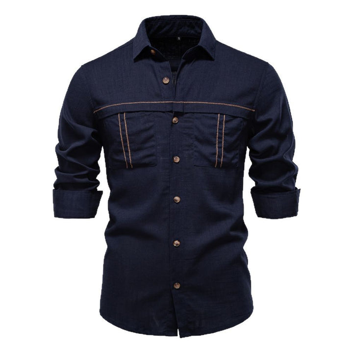 Men's Workshirt in Denim Look with Double Chest Pockets and Contrast Stitching StylebySassy