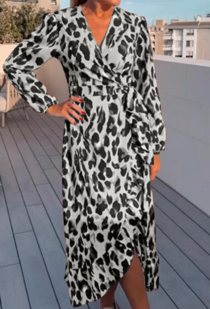 Women’s wrap midi dress with animal print, V-neck, waist belt, and asymmetrical ruffle StylebySassy