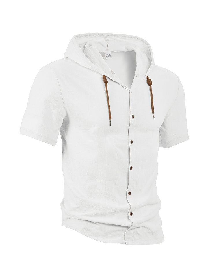 Men's short-sleeved hooded shirt with button placket, drawstring and linen look StylebySassy