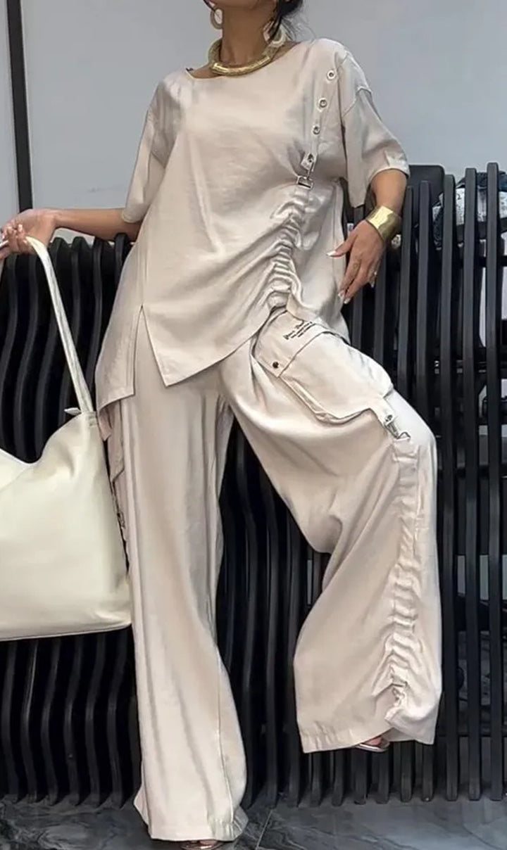 Women's nan legeres two-piece set with oversized round neck shirt, side gathering and wide cargo pants StylebySassy