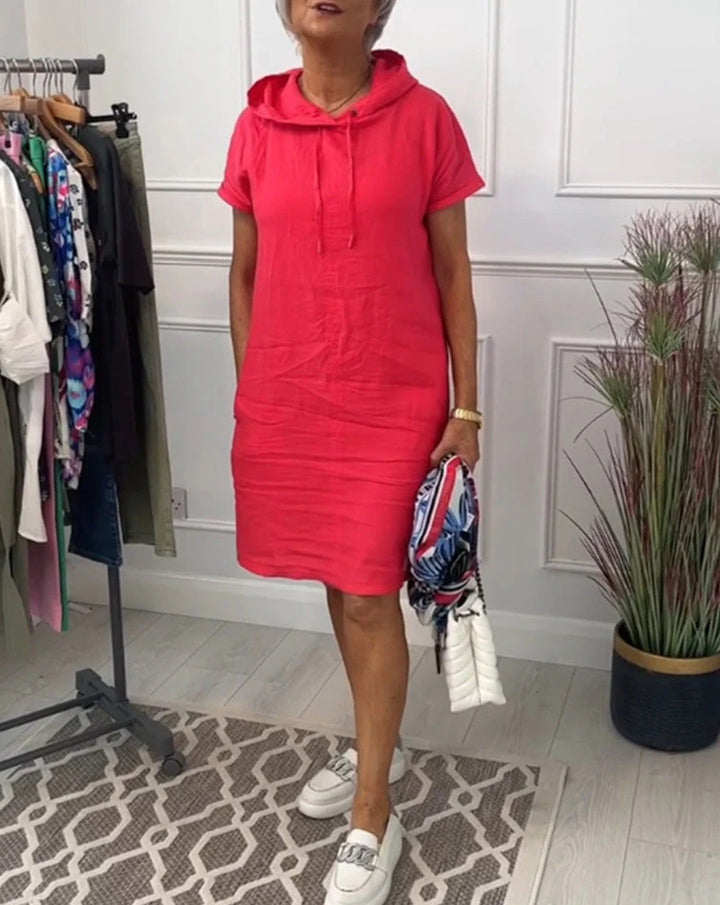 Women's casual hooded midi dress with short sleeves and straight relaxed fit StylebySassy