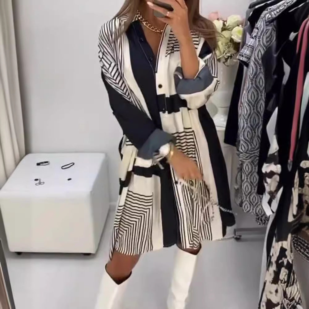 Women's knee-length A-line shirt dress with graphic line print, concealed button placket, and oversized cuffs StylebySassy