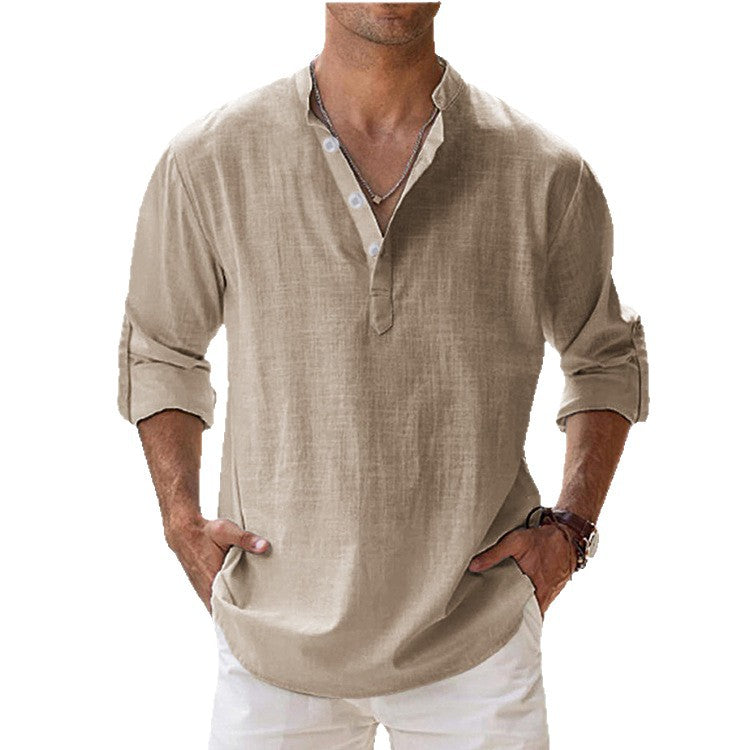 Men's nan casual linen henley shirt with stand-up collar, roll-up sleeves, and rounded hem StylebySassy