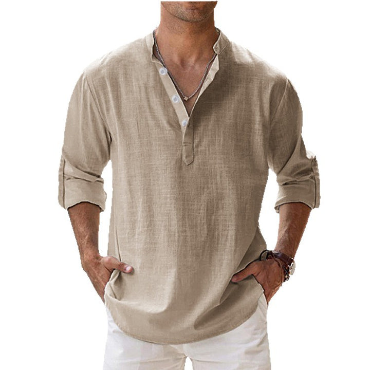 Men's nan casual linen henley shirt with stand-up collar, roll-up sleeves, and rounded hem StylebySassy