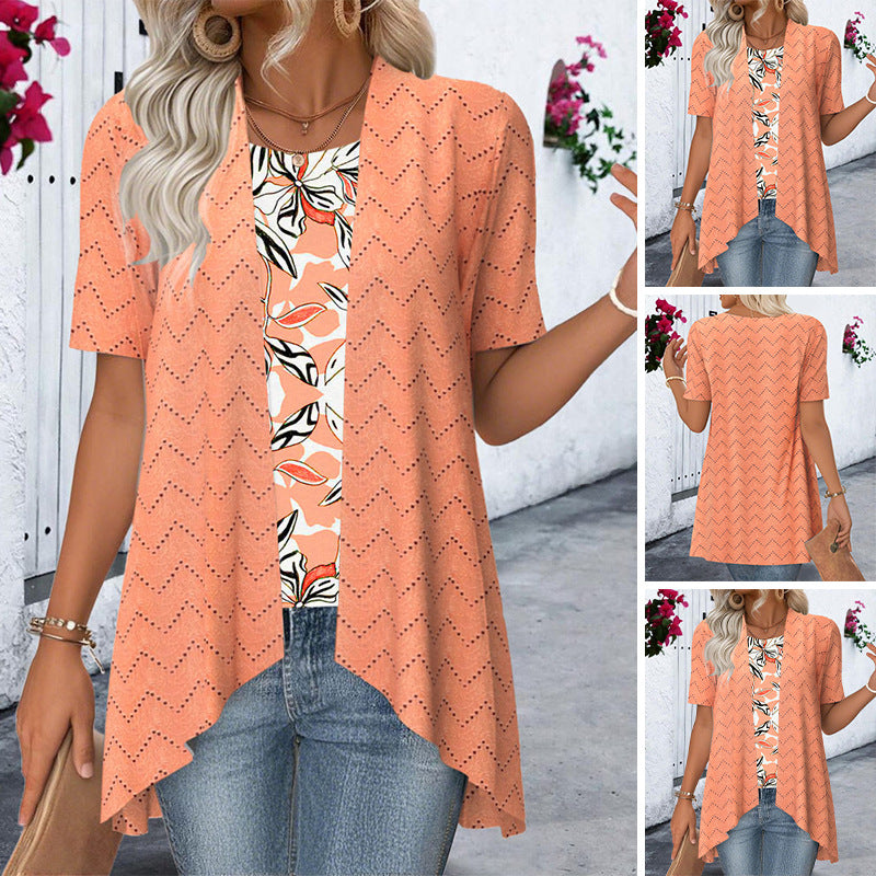Women's Ajour knit cardigan with asymmetrical pointed hem and short sleeves StylebySassy