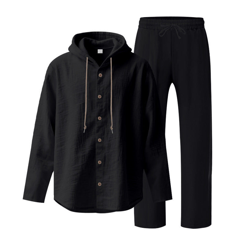 Men's two-piece lounge set with button hoodie shirt made of crepe jersey and straight drawstring pants StylebySassy