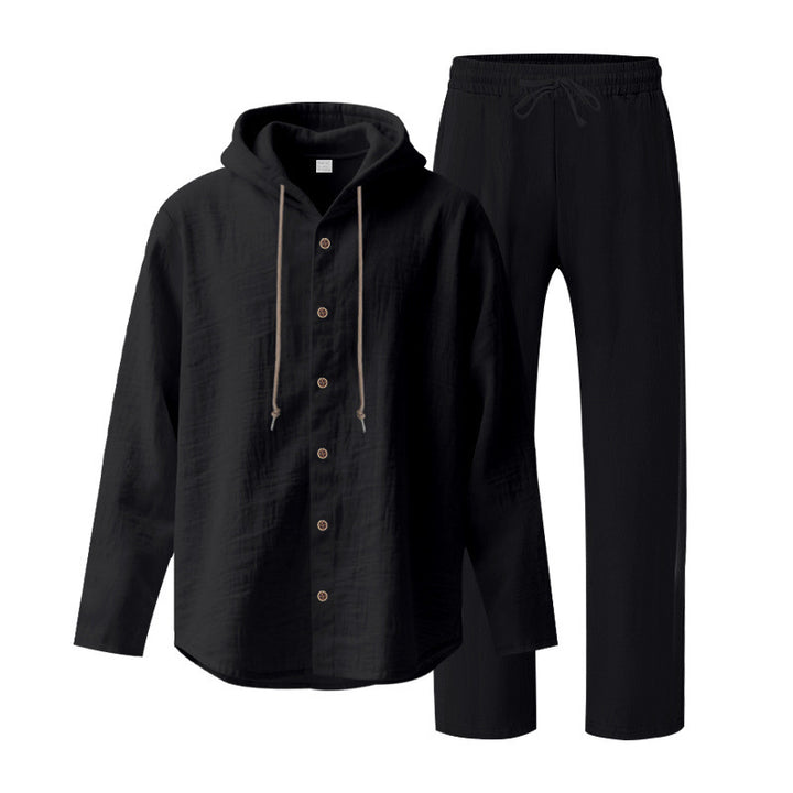 Men's two-piece lounge set with button hoodie shirt made of crepe jersey and straight drawstring pants StylebySassy